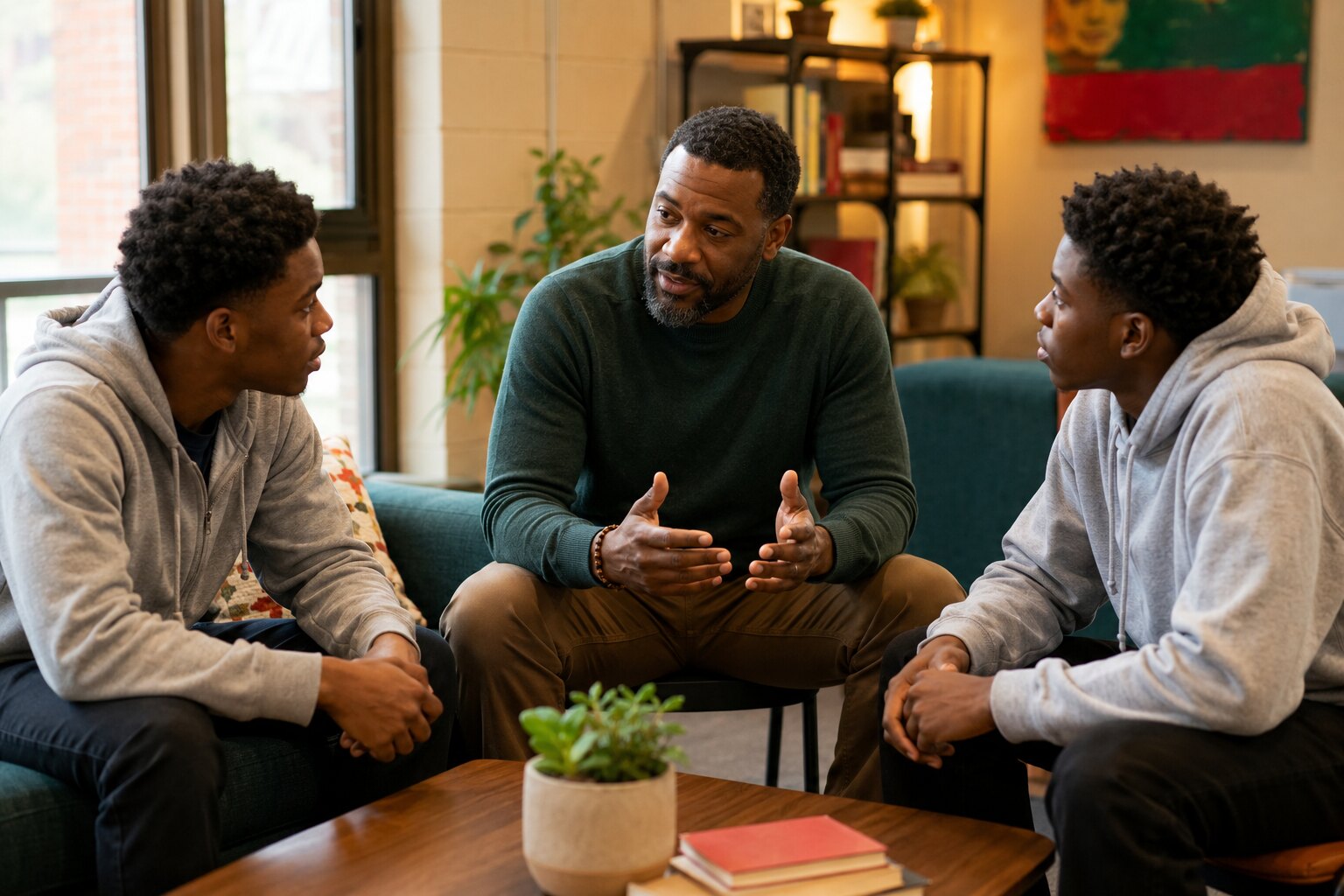 A Black male mentor in a goal-setting conversation with young Black men
