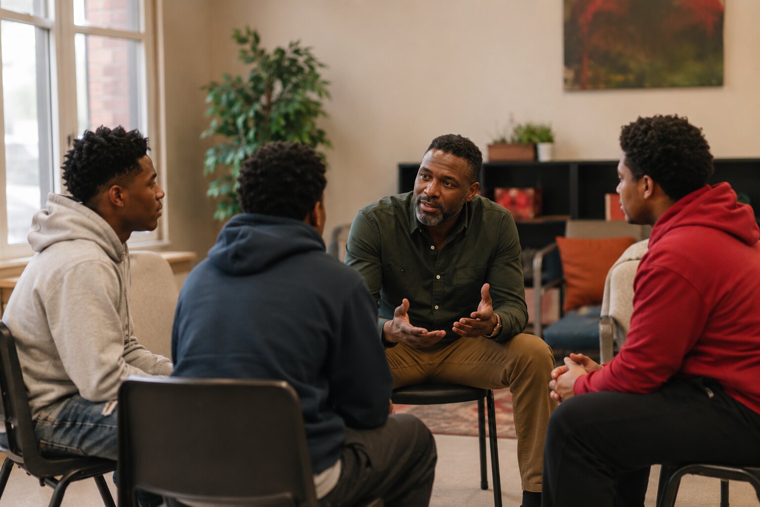 A Black male mentor facilitating constructive communication among young men
