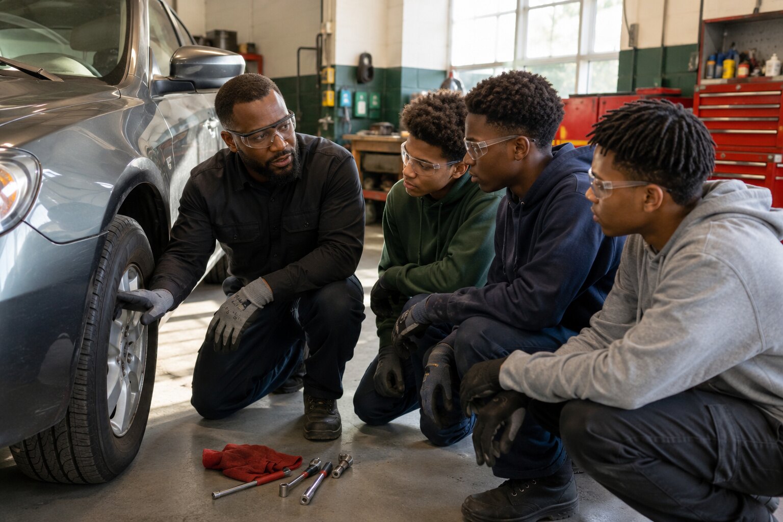 A Black male mentor teaching young men basic automotive care safely