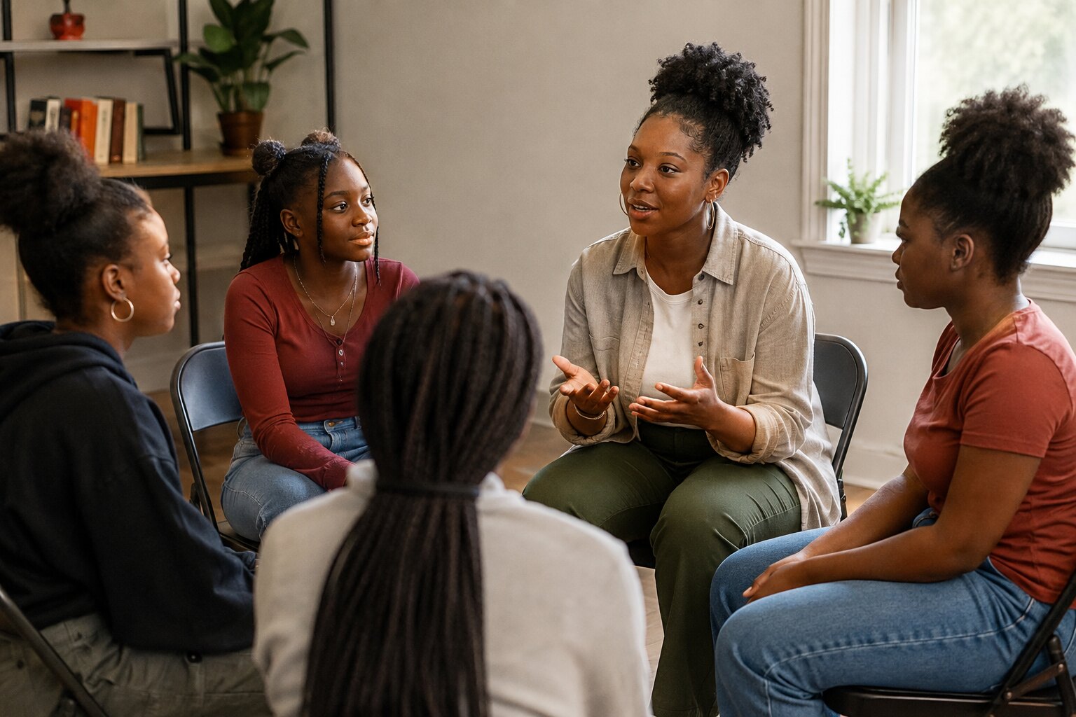 A Black female mentor leading a boundaries and communication exercise