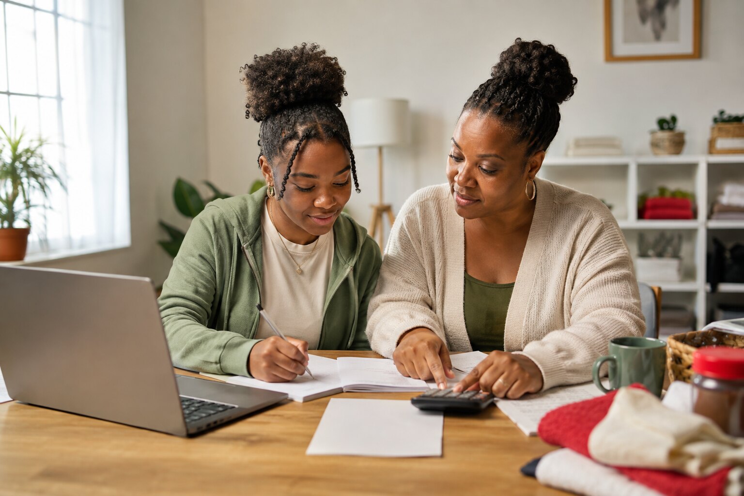 A young Black woman practicing budgeting and future planning with a mentor