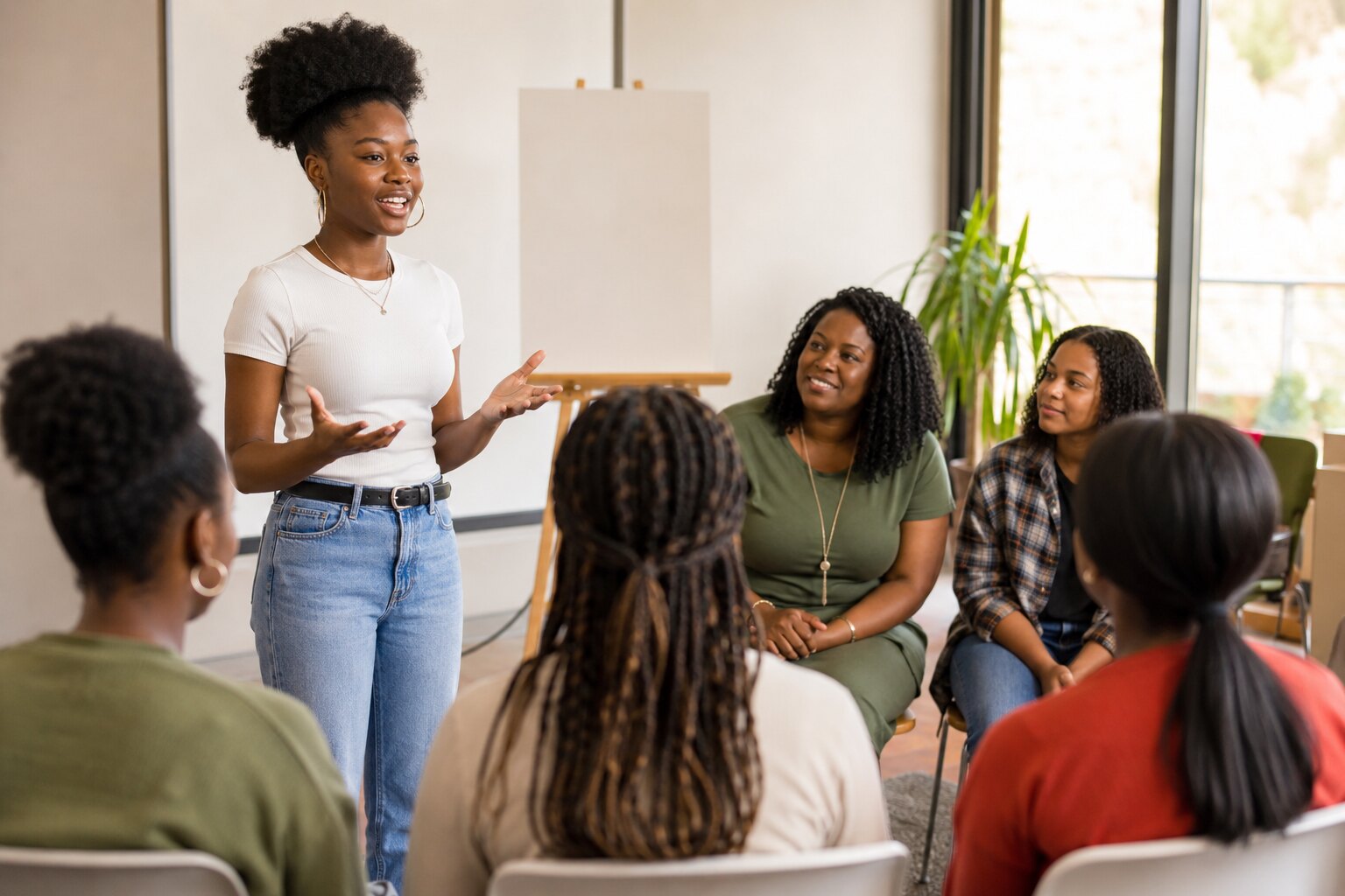 A young Black woman practicing a leadership presentation with supportive peers