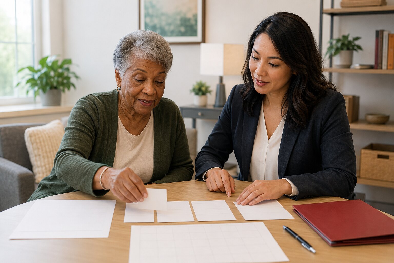 A senior organizing referrals and next steps with a case manager