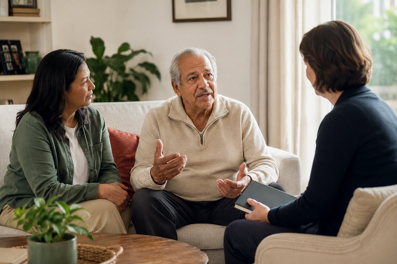 An older adult, family caregiver, and support professional planning together