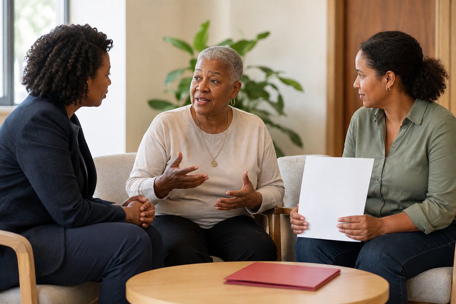 A senior speaking with an advocate while a caregiver receives support