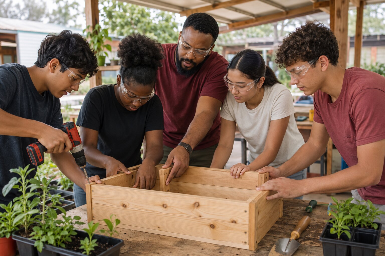 Young people building a garden planter with a mentor