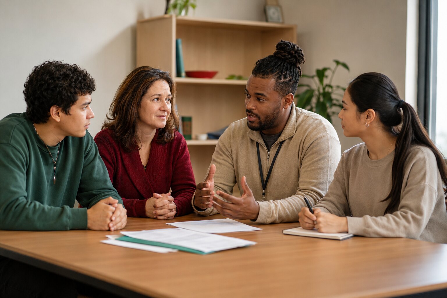 A young adult, caregiver, caseworker, and community liaison coordinating support