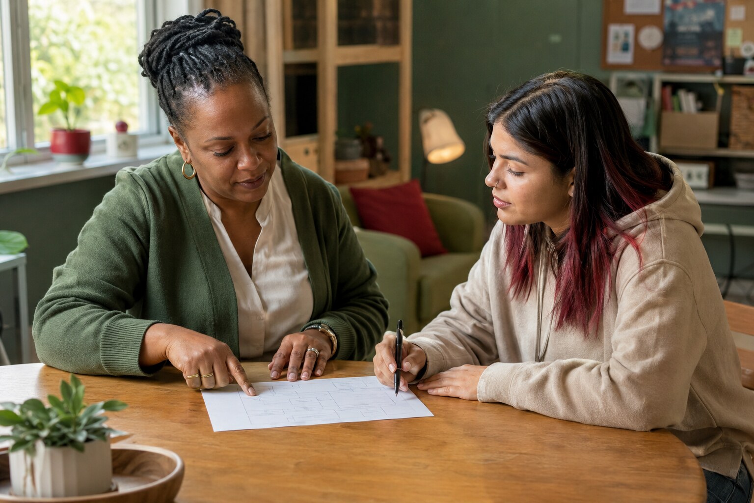 A support professional meeting in person with a young adult to review a resource plan