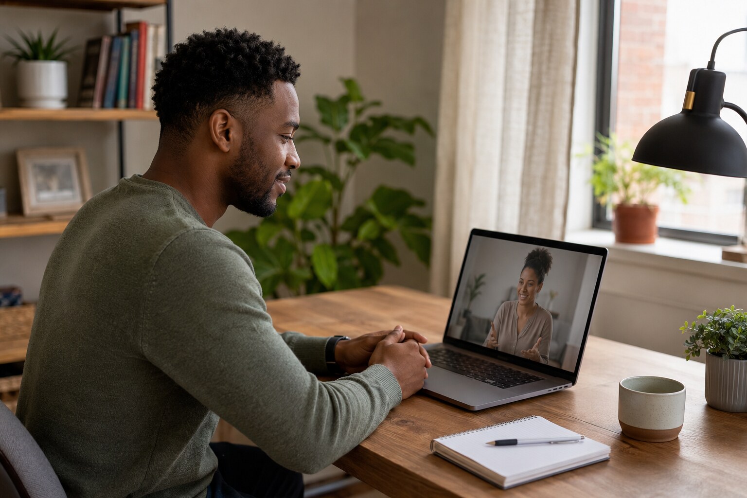 A young adult connecting with a community-support professional through a virtual session
