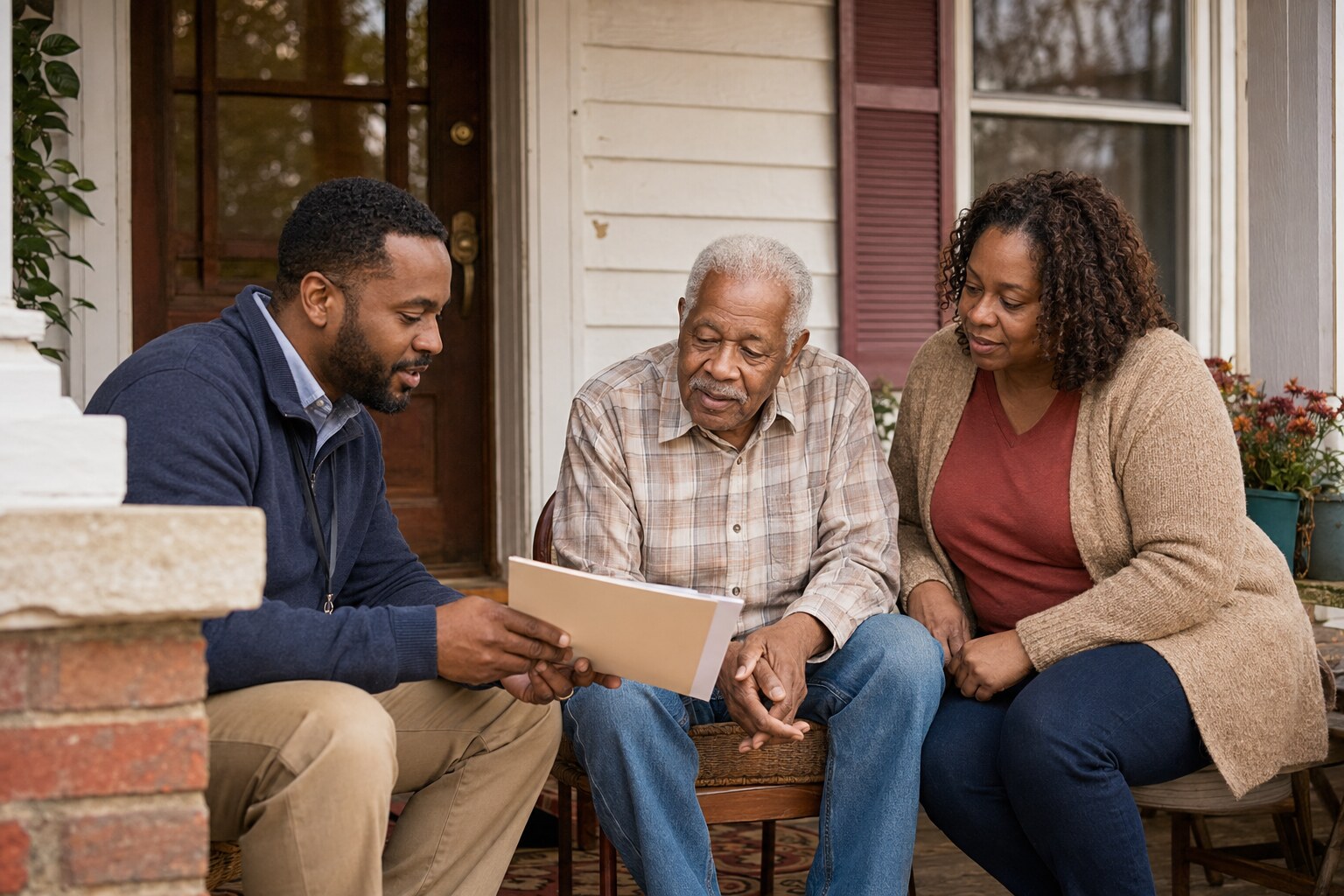 A community outreach professional meeting with a senior and family caregiver at home